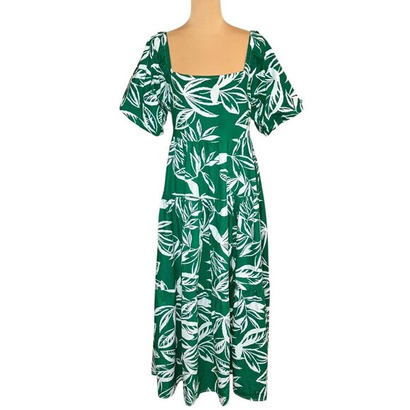 Meadow Rhodes Printed Tiered Midi Dress Sz.L Green Cotton Puff Sleeve Summer - Picture 1 of 15